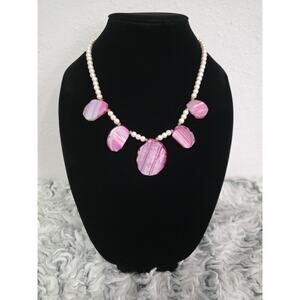 Statement Necklace With Pink Dyed Agate Slice Pendants On White Faux Pearls